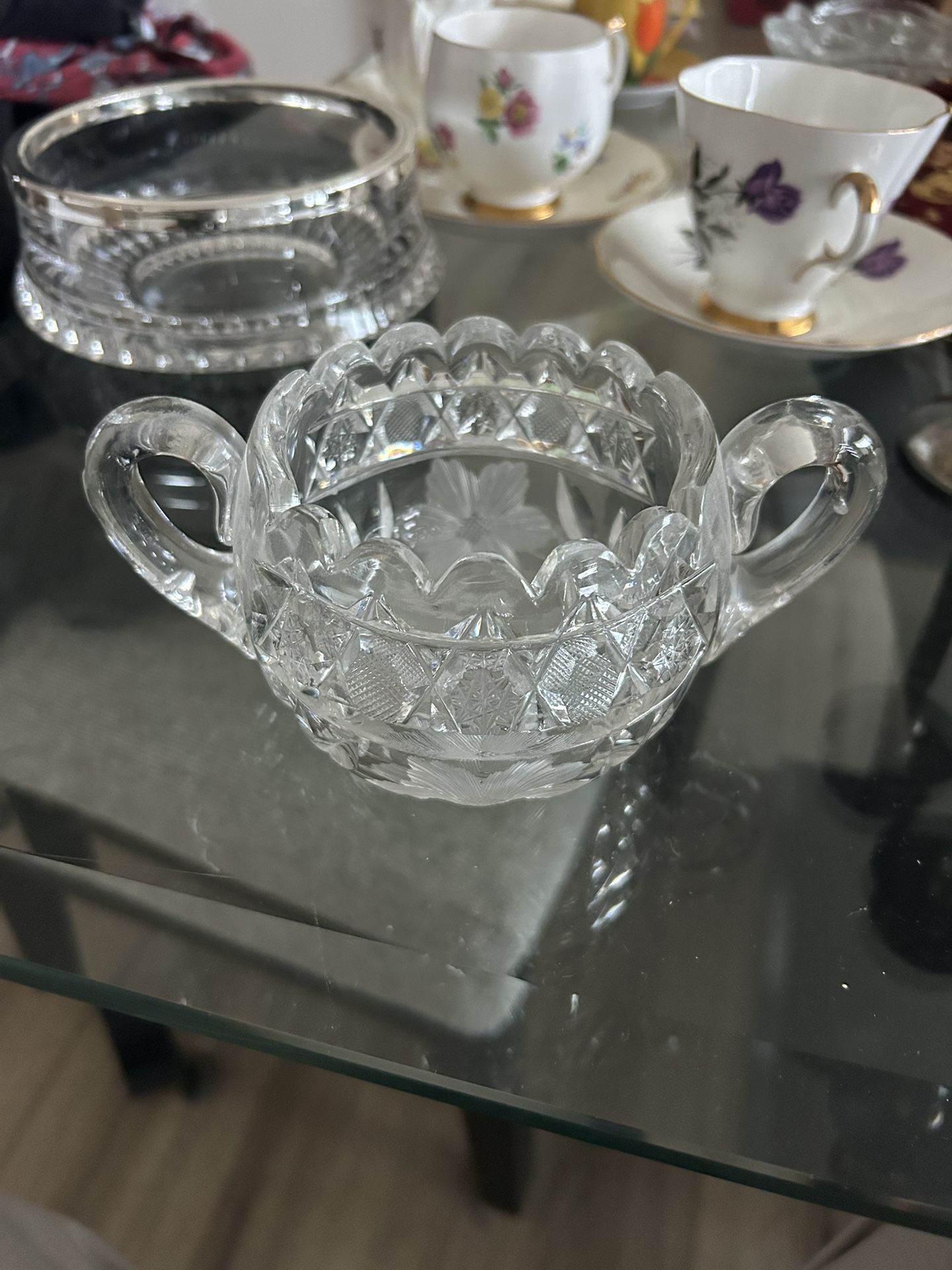 Vintage Lead Crystal Etched Glass Sugar Bowl with Handles Free Shipping Kitchen Decor Sawtooth