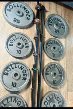 BOLLINGER VINTAGE Standard Set: 6 ft Bar, 4 ft Curl Bar, DB Bars and Cast Iron Weight plates: 25s, 10s, 5s and 2.5s (Total: 191 lbs)