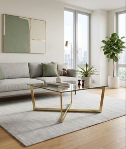 West Elm Mid Century Modern Brass & Glass X-Base Coffee Table