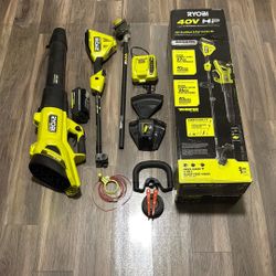 RYOBI 40V HP Brushless 650 CFM 160 MPH Cordless Leaf Blower and Carbon Fiber String Trimmer with 4Ah Battery and Charger