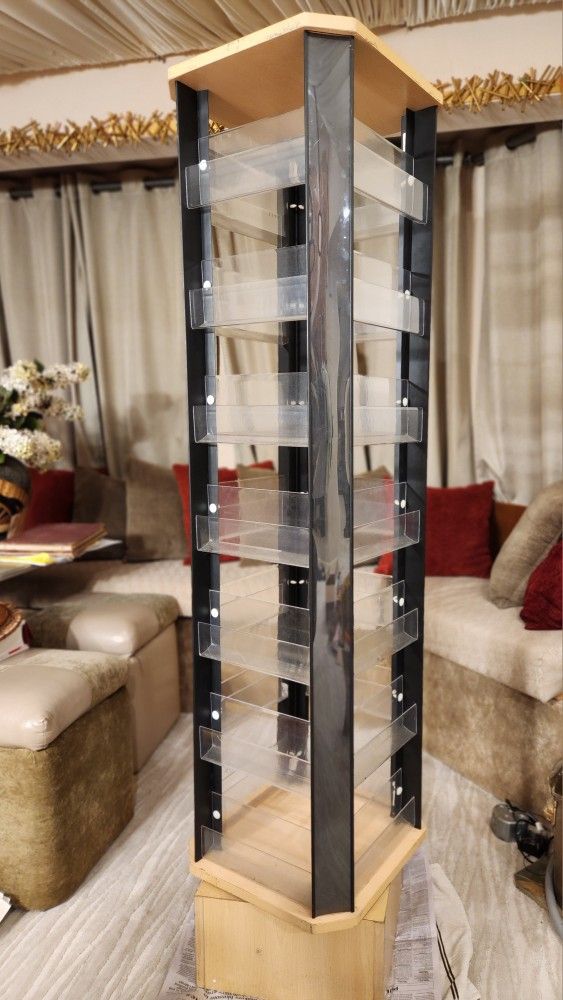 Commercial Rotating Display Spinner Rack (Wood/Acrylic) 70" Tall – 28 Pocket Retail Floor Stand