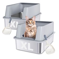 New In Box!  (2 Pack) XL (23.6”x15.7”x12”) Stainless Steel Kitty Litter Box $50 (#842)