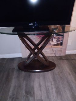 Glass Top TV Stand with Wood Base
