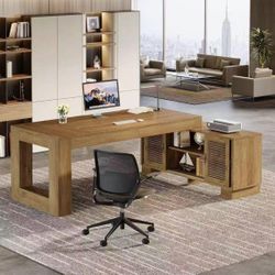 JW1009AB. L Shaped Executive Desk with Storage Cabinets and 2-Tier Shelf, 78-Inch Simple Modern Busi