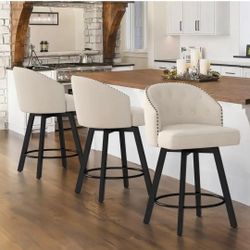 Set of 3Linen Fabric Upholstered Swivel Bar Stool with Metal Frame Nailhead Counter Barstool