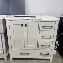 Bathroom vanity cabinet 36” solid mango Quartz top with sink and backsplash 