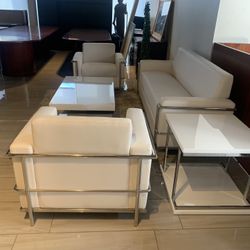 New Leatherette White Chrome Sofa And 2 Chairs 