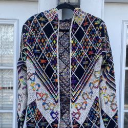 On Blue Aztec Long Hooded Cardigan Sweater Western Boho Eyelash Yarn