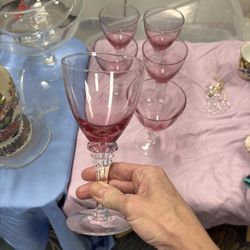6 Pink Crystal Wine Glasses 