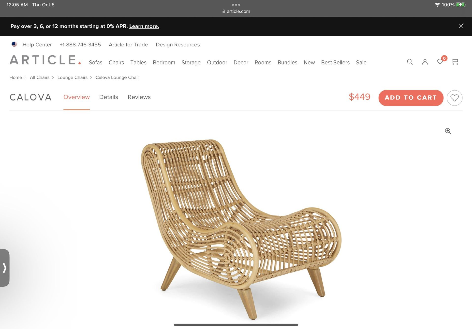 Article. “Calova” Lounge Chair (Indoor / Outdoor) Retail Price $449