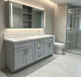 Beautiful 60 Inch  Gray Color With double sink+Quartz Countertop