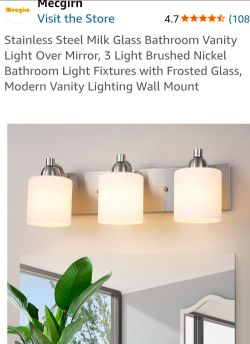 Stainless Steel Milk Glass Bathroom Vanity Light Over Mirror, 3 Light Brushed Nickel Bathroom Light Fixtures with Frosted Glass, Modern Vanity Lightin