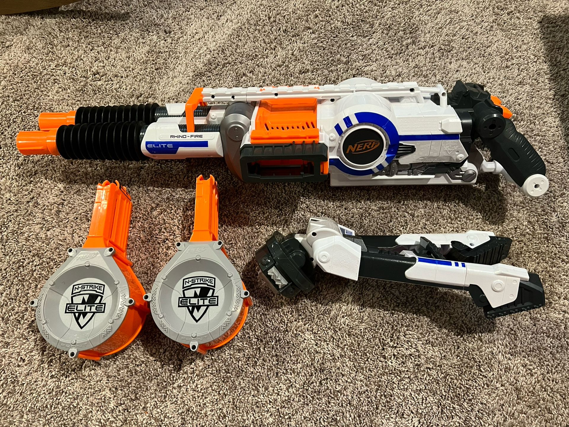 Nerf Rhino Fire Elite Blaster W/ Tripod And Drum Mags 