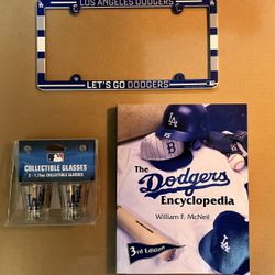 Dodgers Encyclopedia, License Plate Frame + Shot Glasses. 