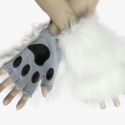 Faux Fur Plush Furry Cat Claw Gloves Fursuit Animal Fox Paws Mittens Halloween Cosplay