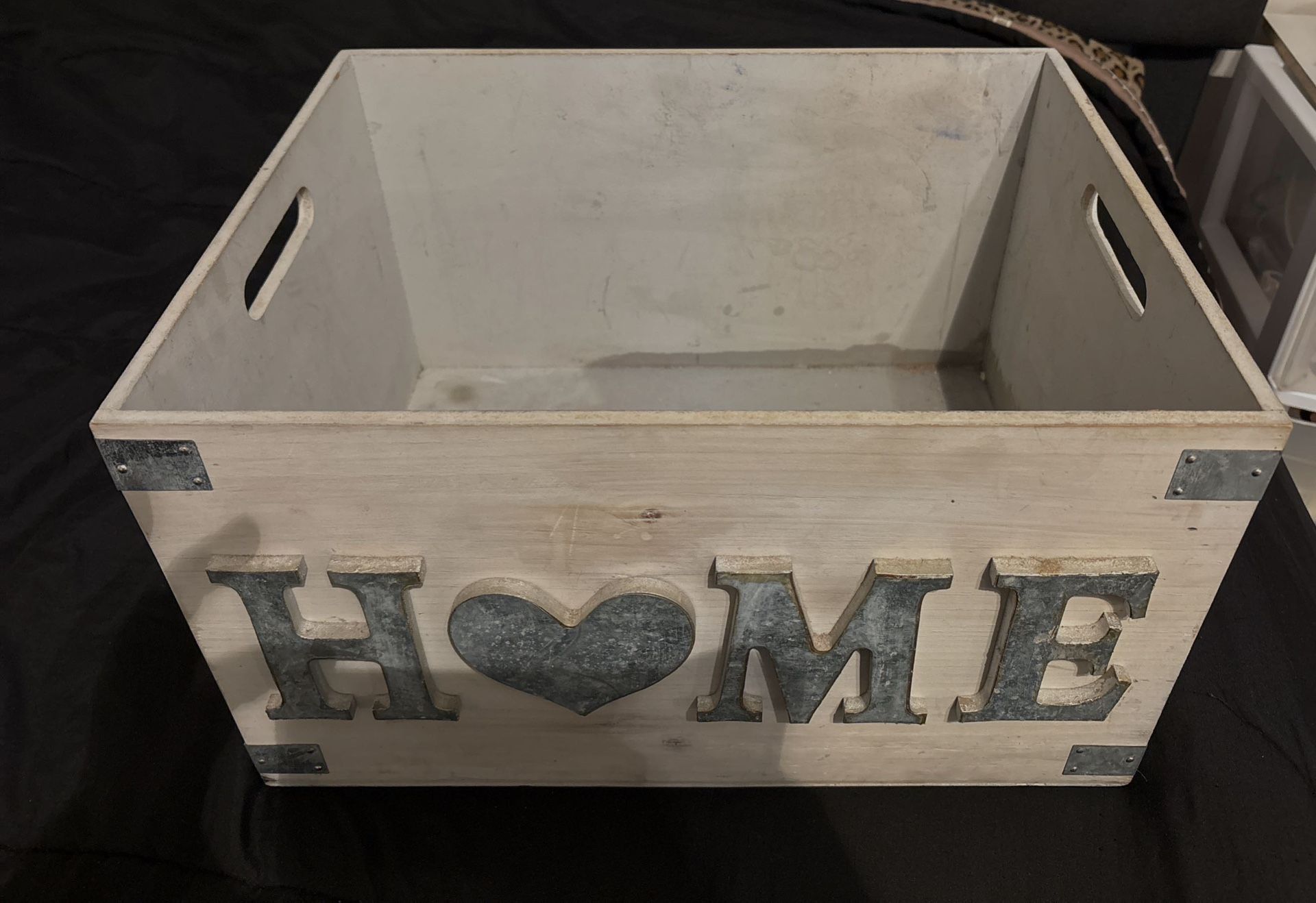 Rustic Wooden Storage Box with Metal 'HOME' Letters