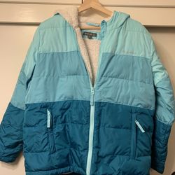 Eddie Bauer Classic Down Puffer Sherpa Jacket Coat Hooded Aqua Girls XL.