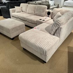 SECTIONAL CHAISE, BLUETOOTH SPEAKER, CUP HOLDER, WIRELESS CHARGER, GRAY, BEIGE AND BLACK