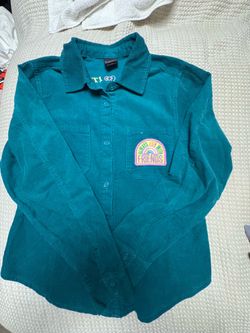Large Teal Corduroy Woman Button-Up Shirt with Patch