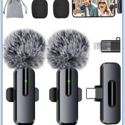Wireless Mini Microphone for iPhone - 2 Pack Lavalier Microphone for Video Recording, 2 In 1 Noise Reduction Lapel Mic for Ipad, Android,Clip-on Mini 