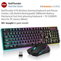 RedThunder K10 Wireless Gaming Keyboard and Mouse Combo, LED Backlit Rechargeable 3800mAh Battery, Mechanical Feel Anti-ghosting Keyboard + 7D 3200DPI