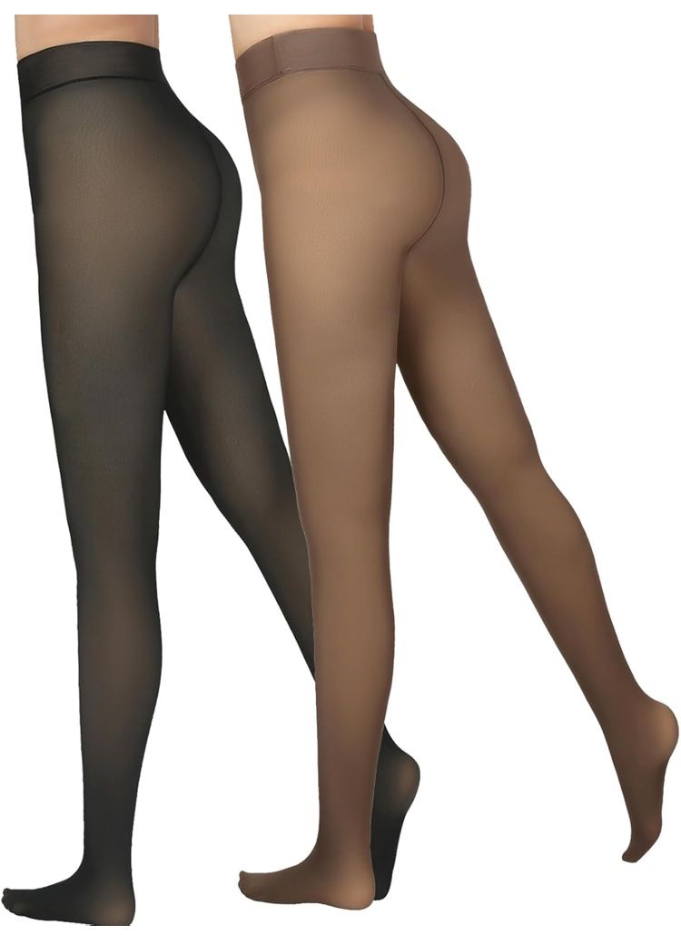 2 Pairs Fleece Lined Tights Women，Fake Translucent Thermal Sheer Thick Pantyhose Leggings for Winter（medium）