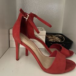 Red Suede Open Toe Heels 8.5