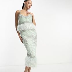 ASOS DESIGN faux feather waist embelished sequin midi dress in MINT