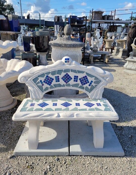 Concrete Bench With Back Cement Mosaic Backyard Patio