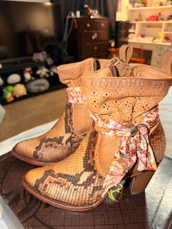 Python Leather Ankle Boots with Floral Scarf