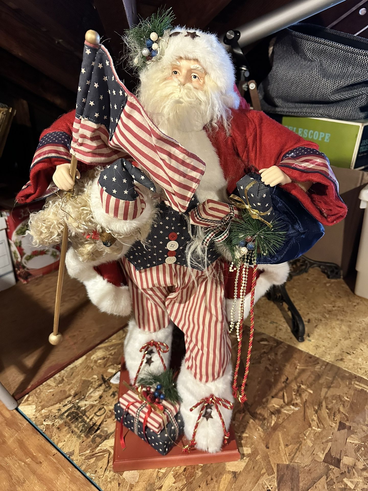 Vintage Patriotic Santa with Wood Base
