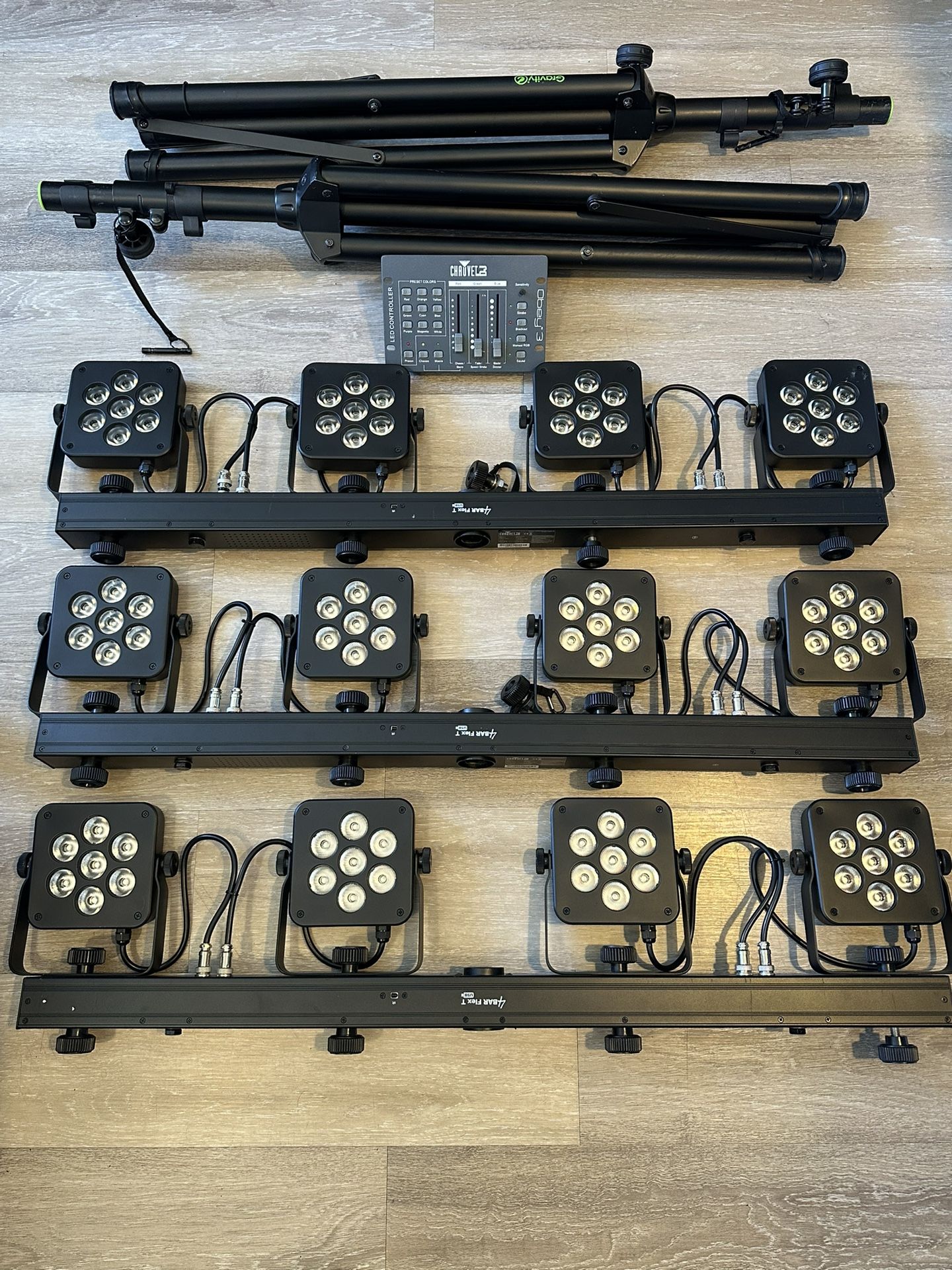 Chauvet 4 Bar Flex T USB (3) + Obey 3 Channel Controller + Gravity Speaker Stands (2) (Bundle)
