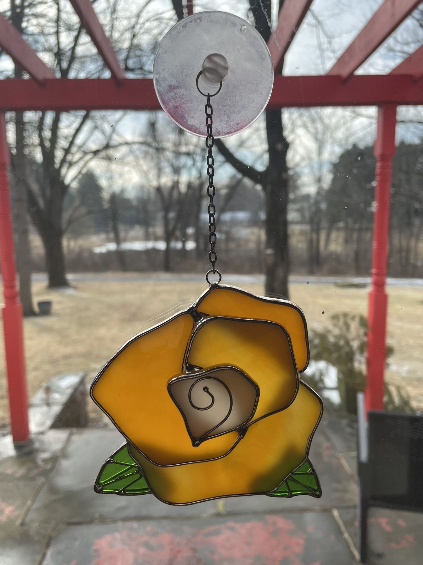 4.5” Hanging Stained Glass Orange Pansy Flower Sun Catcher