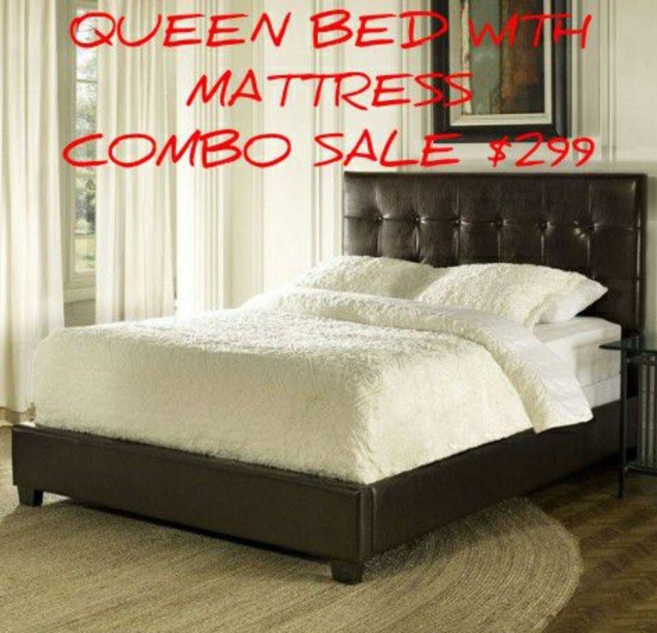 Queen platform bed and Mattress Read Description in Full ***Deal includes*** Queen Headboard, footboard rails and Organic sealy Mattress and box spri