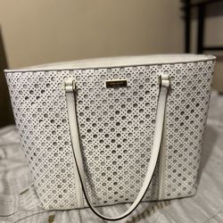 Kate Spade Dally Newbury Lane Caining Perforated Leather Tote Bright White