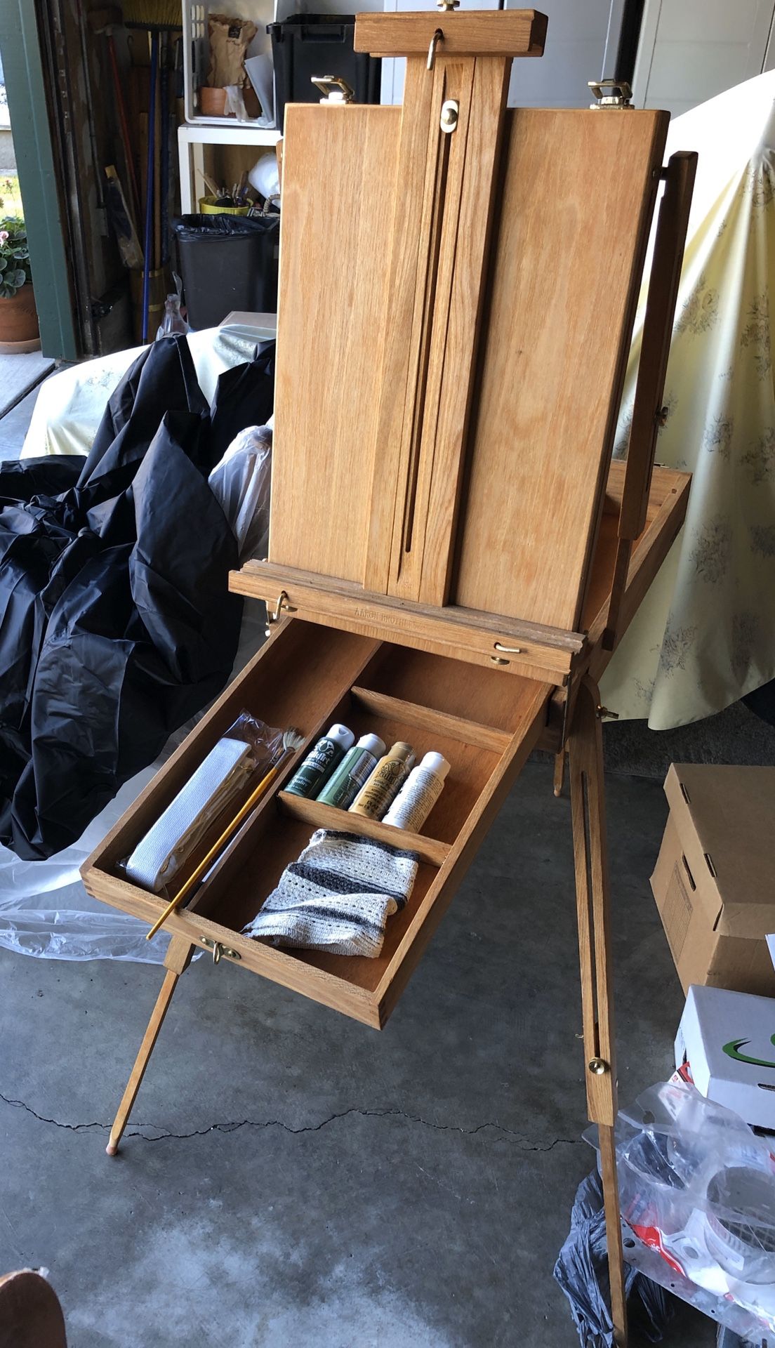 AARON BROTHERS Artist Quality French Art Painting Easel - Portable Wood Art Easel with Storage Sketch Box - Brush, Paints, Palette included!