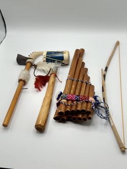 Lot of 3 Ethnic Style Items – Tomahawk, Pan Flute, and Bow