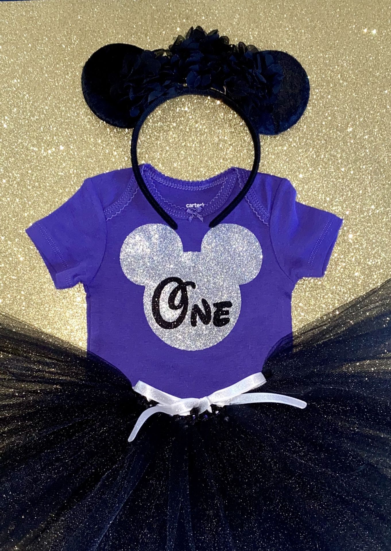 Dark Purple, Silver, & Black Glitter ONE 1st Birthday Outfit: Onesie, Tutu, & Matching Minnie Mouse Headband Ears 12 Months