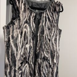 Style&Co Womens Black White Animal Print Faux Fur Front Zip Vest Size L