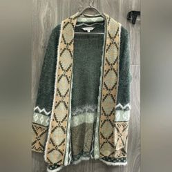 Davi & Dani Designer Green Sweater Aztec Green and Tan Cardigan Nordic Pattern M