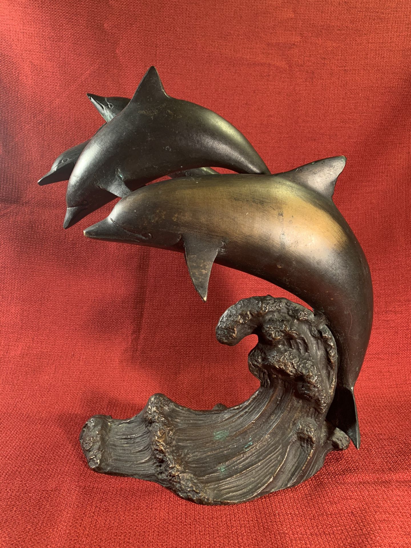 Four-Dolphins-Jumping-On-Wave Brass Detailed Sculpture/Statue (Height: 12”)