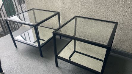 Pair of Black Metal and Glass End Tables