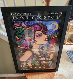 2001 Mardi Gras Balcony Poster by Milton Detailed Frame Print Beautiful Woman New Orleans signed