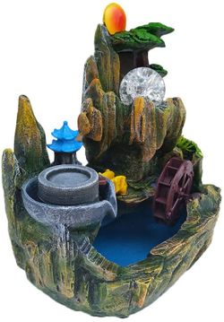 Small Rockery Mountain Cascading Waterfalls Fountain with Mister Waterwheel Mill Rolling Home Decor