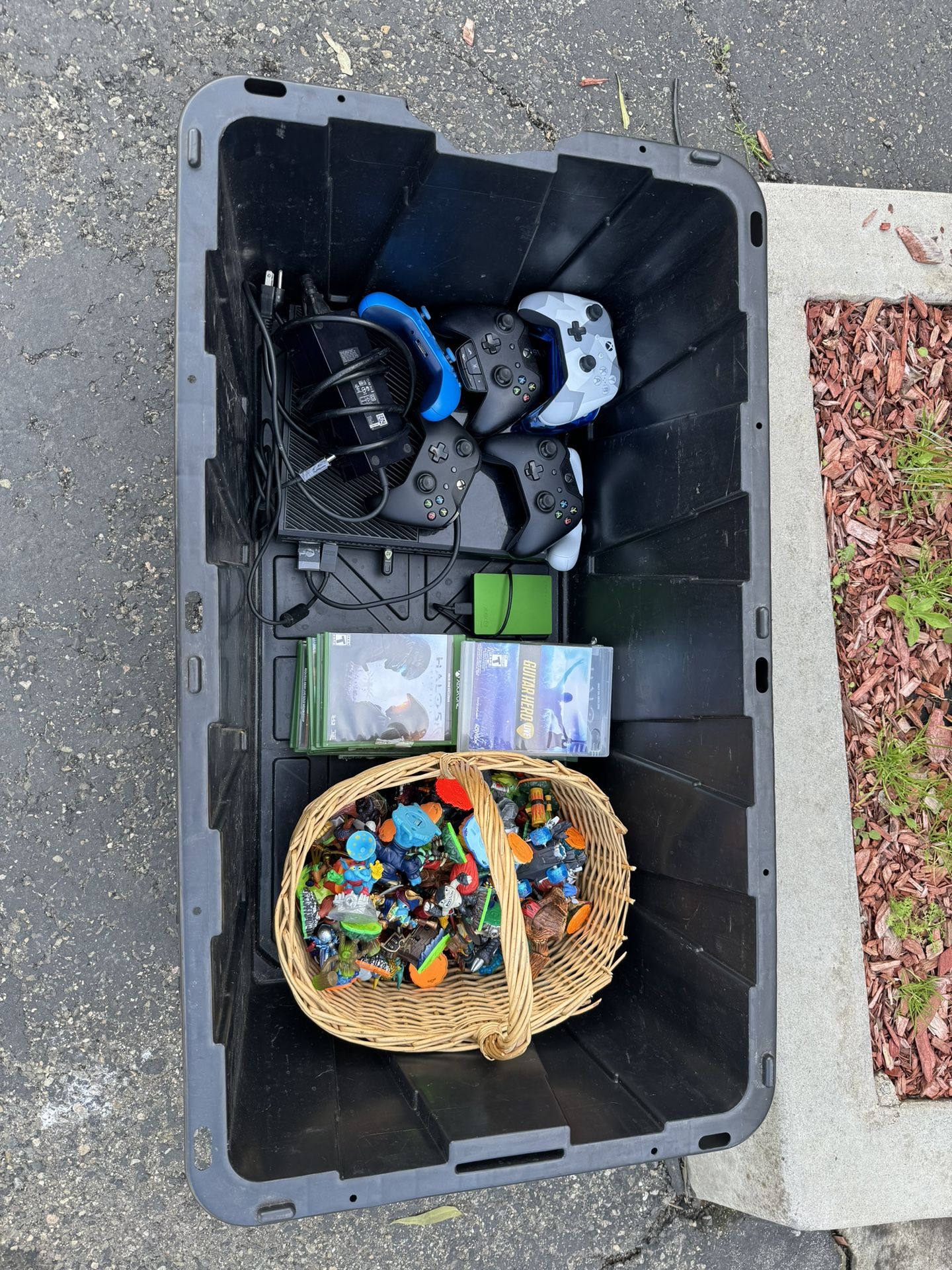 Xbox One, Controllers, Games, Hard Drive, Guitar, And Skylanders