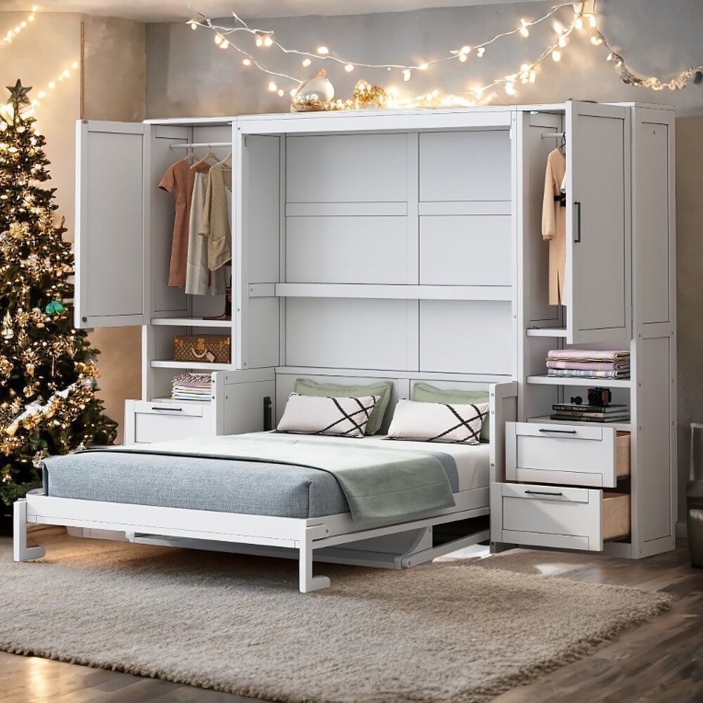 White Queen Flip-Up Murphy Bed w/ Wardrobe  / Open Shelves / Drawers & Desk [NEW]  **Retails for $1778  <Assembly Req>