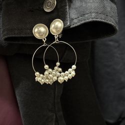 Clip On Pearl Dangle Hoops