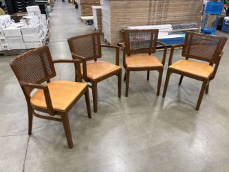 THONET Vintage Mid-Century Modern Dark Finished Cane Back Dining Chair with Terra Cotta Leather Seats (Set of 4)