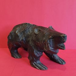 Vintage Extremely Rare Rustic Wood Carved Bear Ornament, 9 inches Longes. 