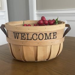 Wooden Basket With Leather Handles And Welcome Printed On The Front 6in T &8in W